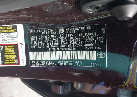 2013 Toyota Avalon Hybrid Xle Touring z USA, uszkodzony, nr VIN 4T1BD1EB3DU015809